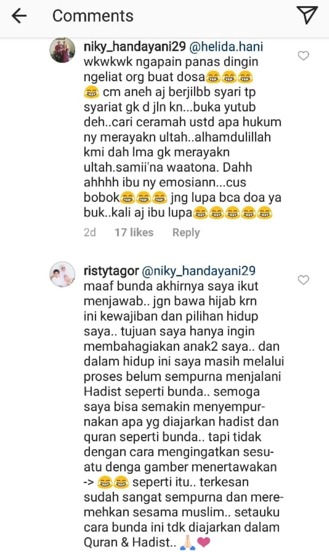 Jawaban Risty Tagor utk netizen yang menghujatnya. (Foto: Instagram @ristytagor)