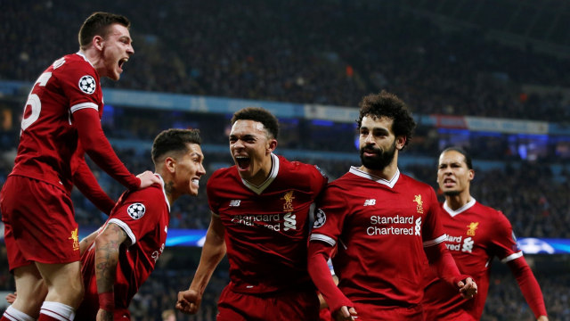Perayaan gol pemain-pemain Liverpool. (Foto: Reuters/Jason Cairnduff)