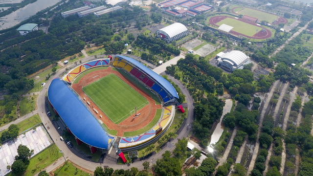 Foto udara Stadion Gelora Sriwijaya Jakabaring Palembang, Sumatera Selatan.
 Foto: Antara/Nova Wahyudi