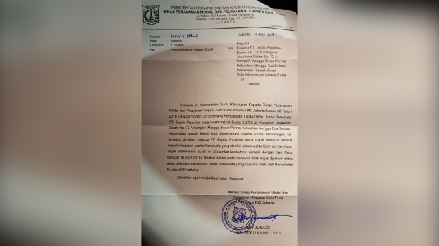 SK Penutupan Diskotek Eksotik dari DPMPTSP (Foto: Istimewa)