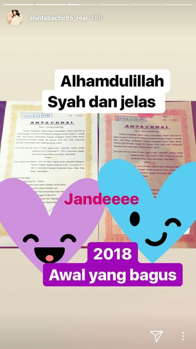 Postingan Instastory Shinta Bachir. (Foto: Insta Stories @shintabachir86_real)
