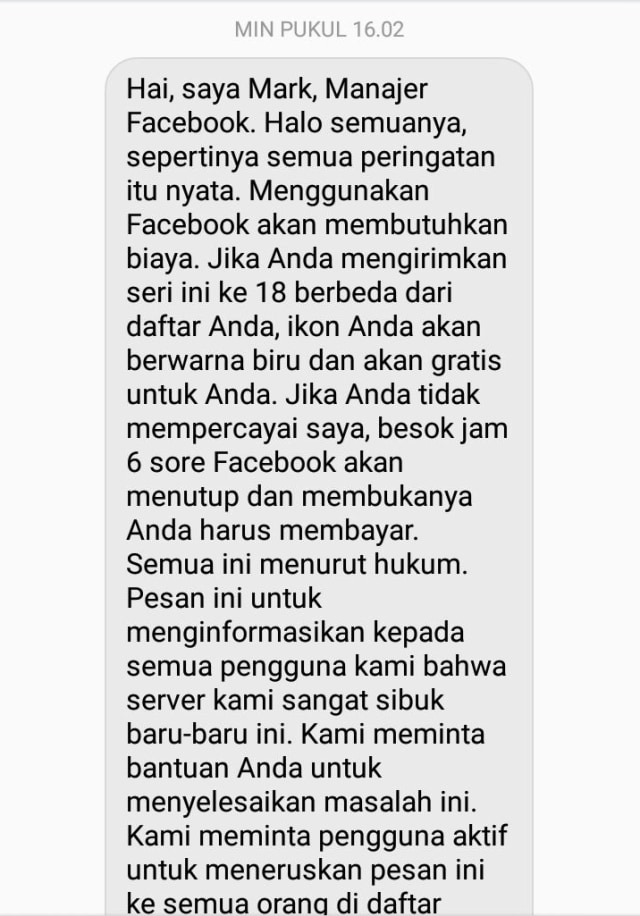 Pesan berantai facebook (Foto: Dok Rosali/pengguna Facebook)