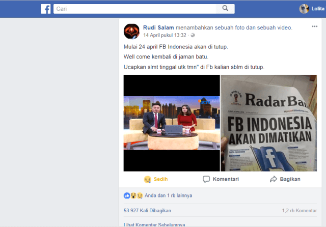 Facebook diblokir (Foto: Facebook/Rudi Salam )