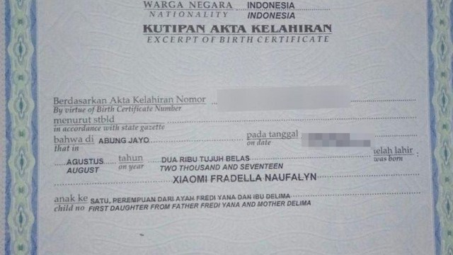 Akta kelahiran Xiaomi Fradella Naufalyn. (Foto: Wang Xiang/Twitter)
