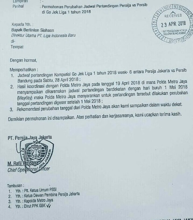 Surat permohonan pengunduran pertandingan Persija. (Foto: Istimewa)