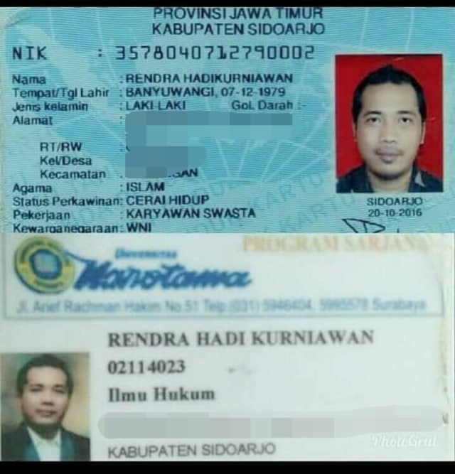 Kartu identitas Rendra, pelaku penghina nabi. (Foto: Dok. Istimewa)