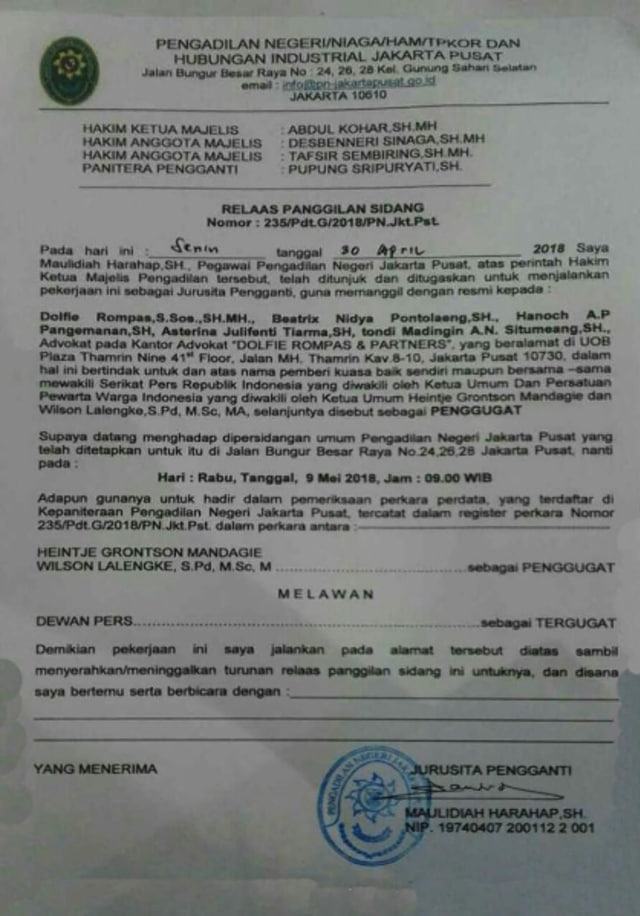 Gugatan PMH Dewan Pers Segera Disidangkan 