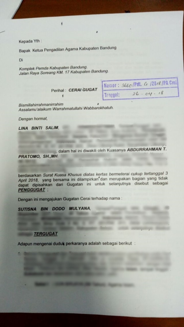 Surat Gugat Cerai Sule. (Foto: Nabilla/kumparan)