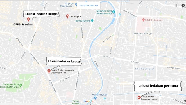 3 lokasi gereja yang dibom di surabaya (Foto: Google Maps)