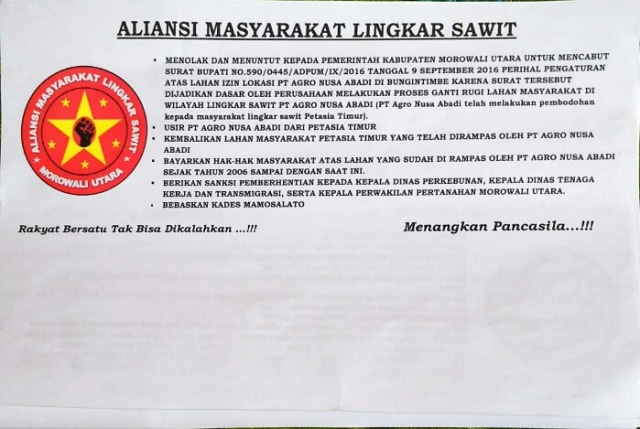 AMLS Morowali Utara, Gelar Aksi "Kembalikan Hak Masyarakat yang dirampas PT. Agro Nusa Abadi"