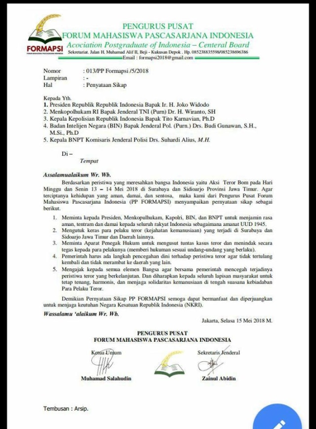 PP Formapsi Menyurati Joko Widodo