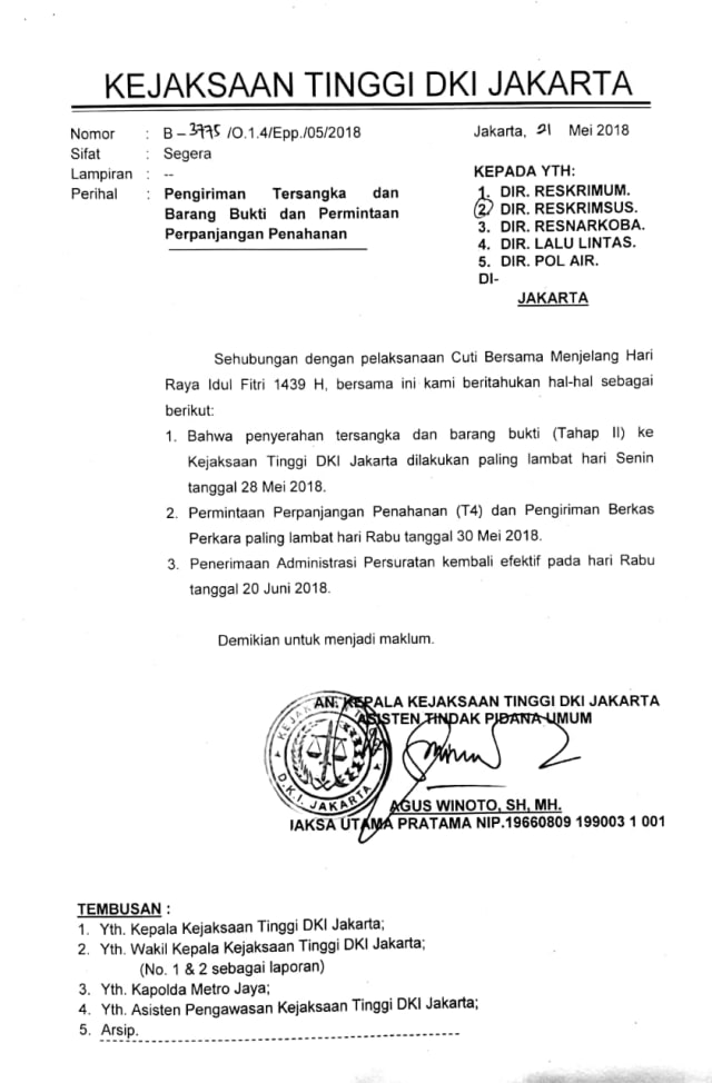 Surat Kejaksaan Tinggi DKI Jakarta (Foto: Istimewa)