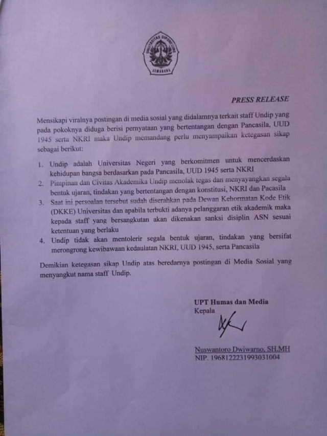 Pernyataan Undip terkait Prof Suteki (Foto: Humas Undip)