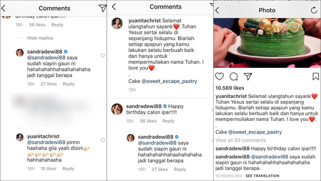 Sandra Dewi mengomentari unggahan Yuanita (Foto: Istimewa)