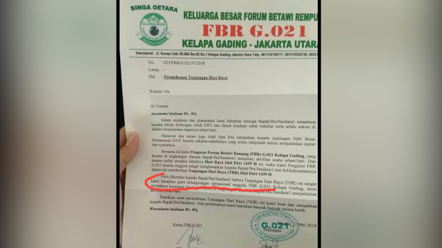 Surat edaran FBR minta THR (Foto: Twitter/@pace98)