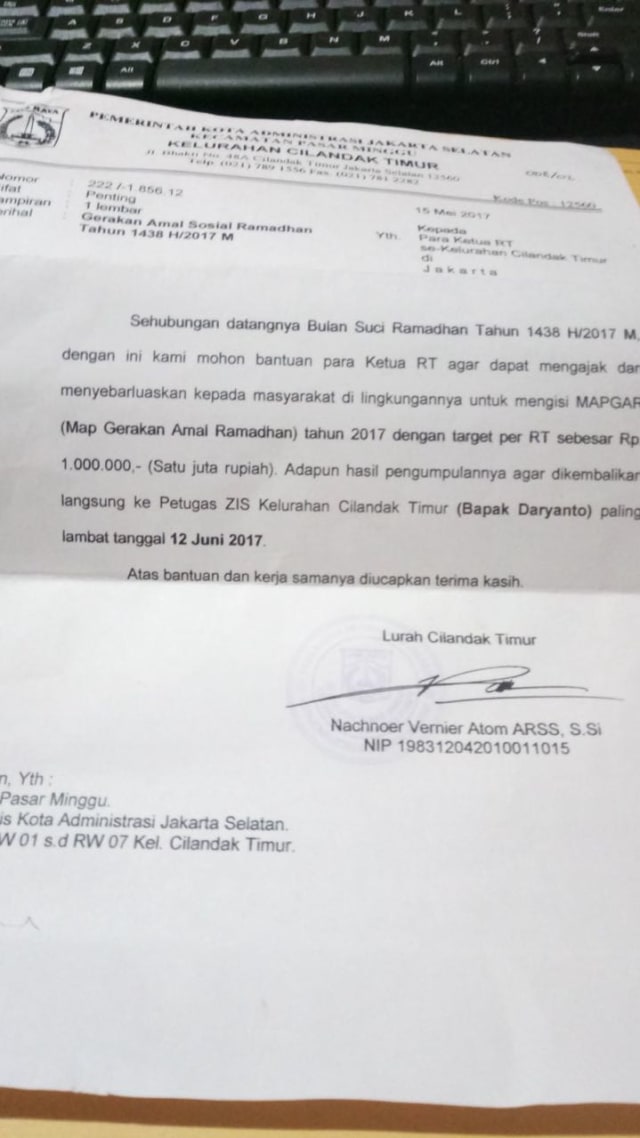 Surat Lurah Cilandak Timur tahun 2017. (Foto: Dok. Istimewa)