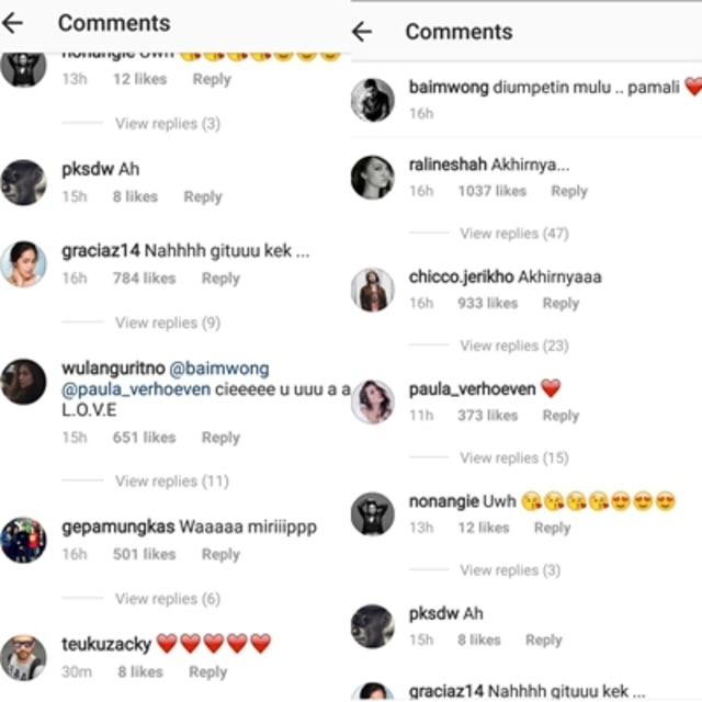 Komentar artis di unggahan Baim Wong dengan Paula. (Foto: Instagram/@baimwong)