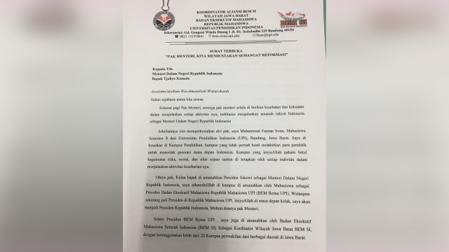 Surat Terbukan BEM UPI kepada Mendagri (Foto: Ricad Saka/kumparan)