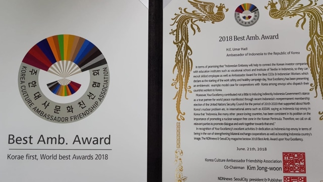 Dubes Umar Hadi Raih Best Ambassador Award (Foto: dok. KBRI Seoul)