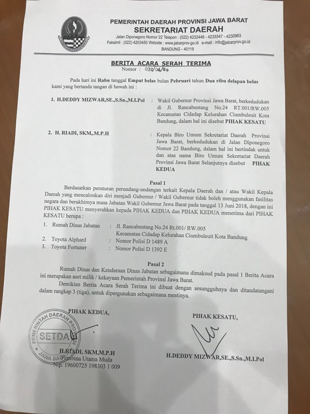 Surat serah terima rumah dinas Deddy Mizwar (Foto: Istimewa)