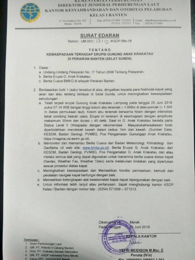 Surat soal waspada erupsi Gunung Anak Krakatau. (Foto: Dok. Istimewa)