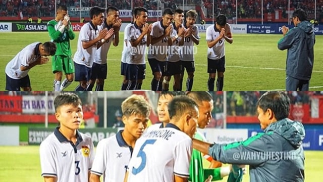 Pemain Laos U-19 memberi hormat kepada Pelatih Timnas U-19 Indra Sjafri. (Foto: Instagram @wahyuhestind)