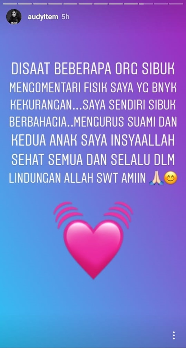 Jawaban menohok Audy soal komentar pedas netizen (Foto: Screenshoot Instagram @audyitem)