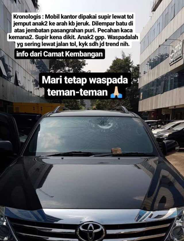 Korban pelemparan batu di jalan tol dalam kota.  (Foto: Dok. Istimewa)