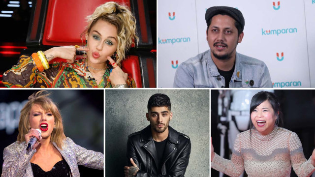 Miley Cyrus, Keenan Pearce, Taylor Swift, Zayn Malik, Kelly Marie Tran. (Foto: Instagram/mileycyrus, Fanny Kusumawardhani/kumparan, REUTERS/Carlo Allegri, Dok. Giussepe Zanotti, AFP/Daniel Leal-Olivas)