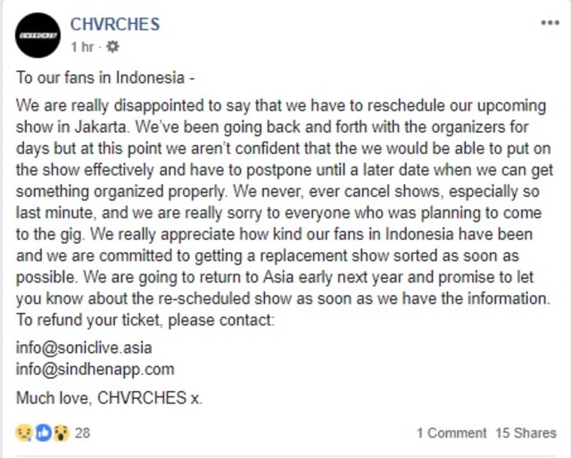 Screeshot Pembatalan Konser Chvrches (Foto: Screenshot Facebook Chvrches)