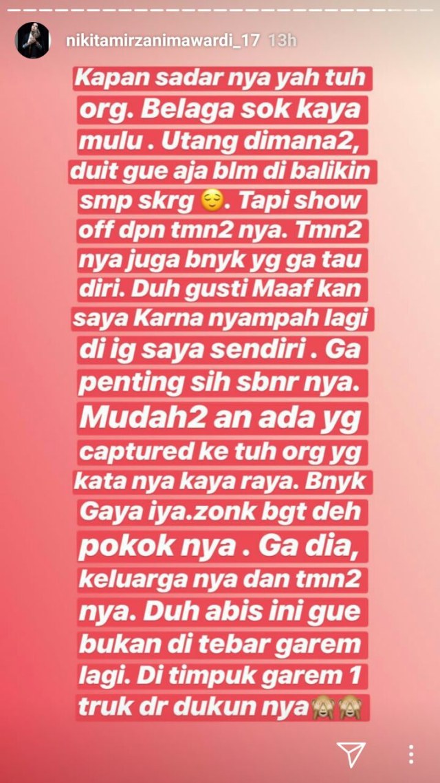 Curhatan Nikita Mirzani di Instagram. (Foto: Instagram @nikitamirzanimawardi_17)