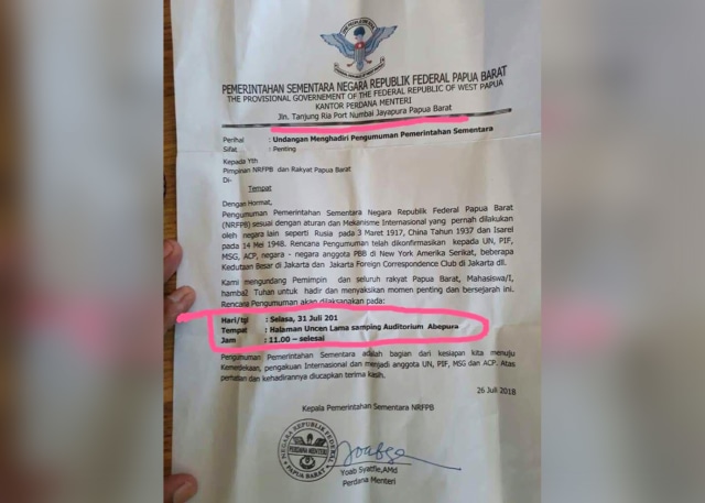 Surat deklarasi negara federal Papua.  (Foto: Dok. Istimewa)