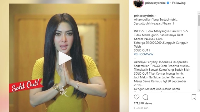 Tiket konser Syahrini Rp 25 juta habis terjual. (Foto: Screenshoot Instagram Syahrini)