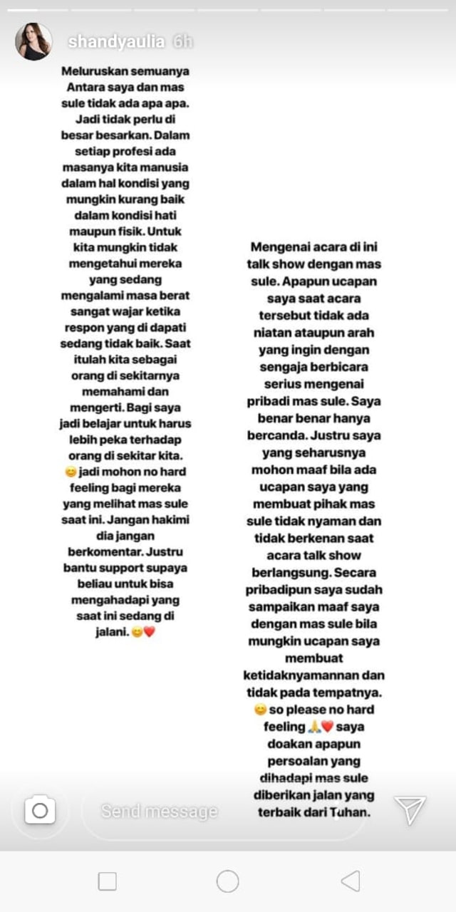 Klarifikasi Shandy Aulia soal Sule (Foto: Instagram @shandyaulia)