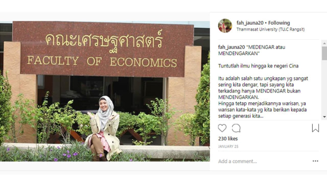 Arnita Rodelina Turnip saat di luar negeri. (Foto: Instagram @fah_jauna20)