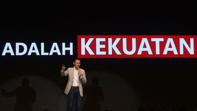 Orasi AHY #MudaAdalahKekuatan di Grand Ballroom XXI Djakarta Theatre, Jumat (3/8). (Foto: Nugroho Sejati/kumparan)