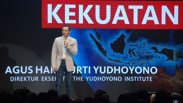 Orasi AHY #MudaAdalahKekuatan di Grand Ballroom XXI Djakarta Theatre, Jumat (3/8). (Foto: Nugroho Sejati/kumparan)