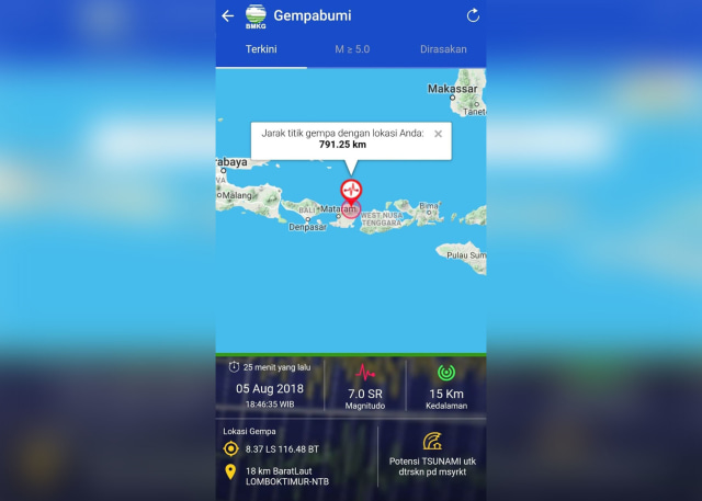 Gempa 7,0 SR di Lombok Timur, NTB, berpotensi Tsunami (5/8). (Foto: Dok. BMKG)