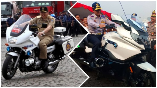 Membandingkan gaya Basuki Tjahaja Purnama dan Anies Baswedan mengendarai moge milik Dishub. (Foto: okezone dan instagram @ sudinhub_jaktim)