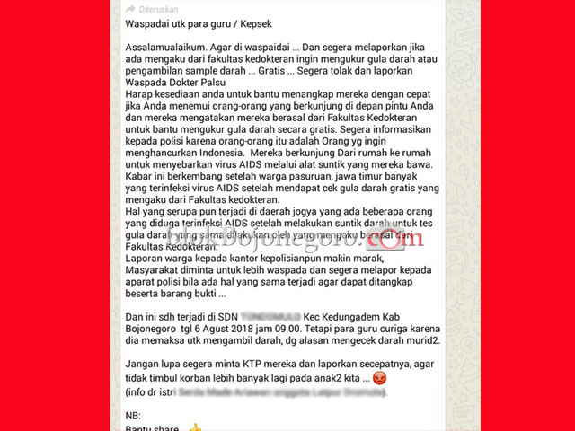 Isu Dokter Sebarkan Virus AIDS di Bojonegoro Hoax