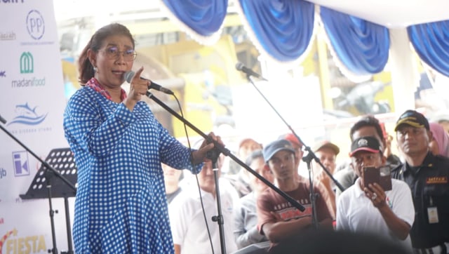 Menteri Kelautan Dan Perikanan Susi Pujiastuti di Festival Muara Baru 2018, Jakarta Utara, Sabtu (11/8/18). (Foto: Helmi Afandi/kumparan)