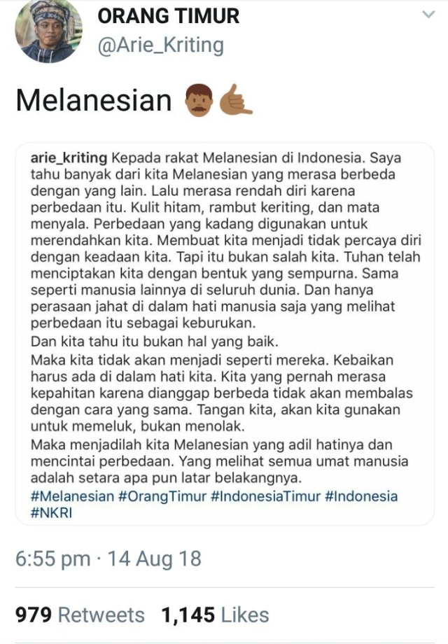 Cuitan Komika Arie Kriting tentang Melanesian Tuai Simpati Netizen (1)