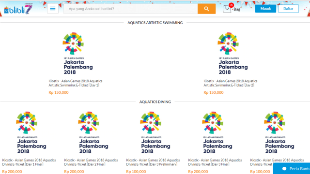 Pilihan tiket pertandingan cabor aquatic Asian Games di Blibli.com. (Foto: Blibli.com)