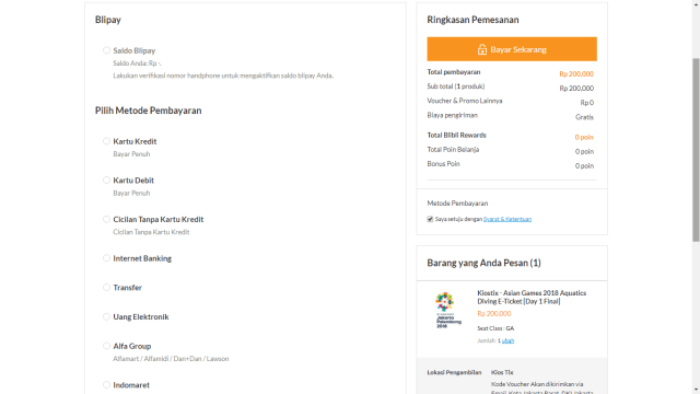 Pilihan metode pembayaran tiket Asian Games di Blibli.com. (Foto: Blibli.com)