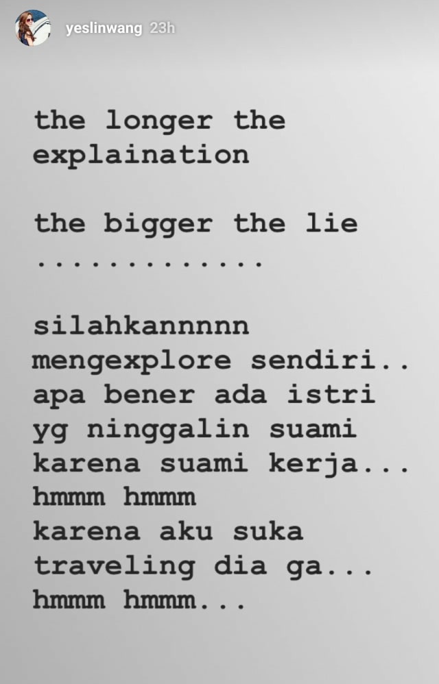 Curhatan Istri Delon, Yeslin Wang soal rumah tangganya. (Foto: Instagram Story @yeslinwang)