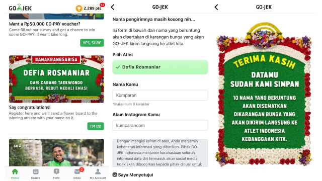 Fitur ucapan selamat dari Go-Jek untuk atlet. (Foto: Screenshot Aplikasi Go-Jek)