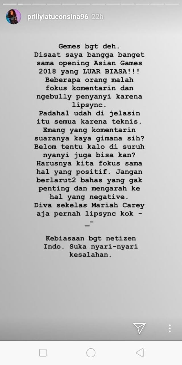 Prilly Latuconsina Geram dengan Netizen yang Nyinyir soal Lipsync (Foto: IG @prillylatuconsina96)