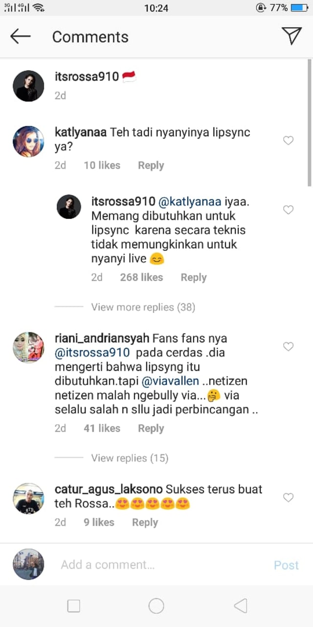 Rossa Mengakui Lipsync di Pembukaan Asian Games 2018 (Foto: IG @itsrossa910)