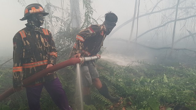 Dua pemadam kebakaran Kapuas Bhakti Pontianak menyemprotkan air ke hutan yang terbakar di belakang perumahan Residence Borneo Khatulistiwa di Sungai Raya, Kabupaten Kubu Raya, Kalbar, Sabtu (18/8).  Foto: Antara/Jessica Helena Wuysang