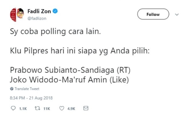 Polling yang dilakukan oleh Fadli Zon di akun twitternya. (Foto: Screenshot Twitter/@fadlizon)
